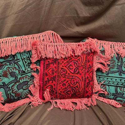 3 Bohemian Print Throw Pillows with Pink Fringe