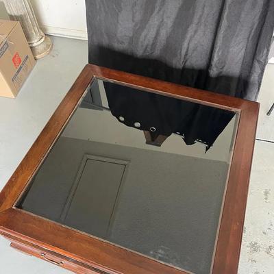 Heckman Dark Cherry Wood Coffee Table with Glass Top and Storage Drawers