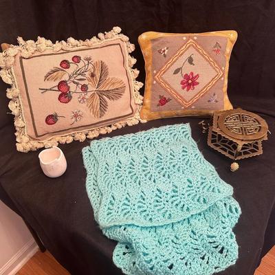 Decorative Pillows, Crocheted Scarf, and Box