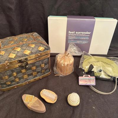 Spa & Bath Gift Lot: Foot Surrender Kit, Decorative Basket, Soap, & Eye Mask