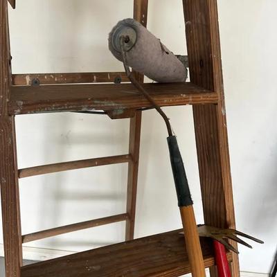 6-Foot Wooden Step Ladder, Garden Hose, and Yard Tool Lot
