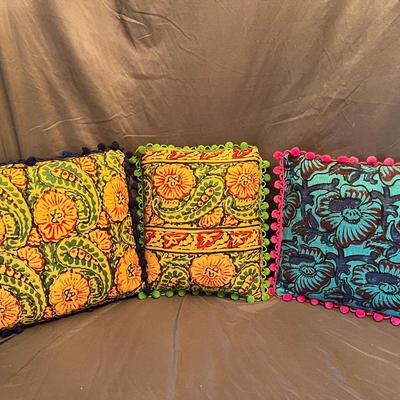 Set of 3 Block Print Throw Pillows with Pom Pom Trim - Boho Floral Decor