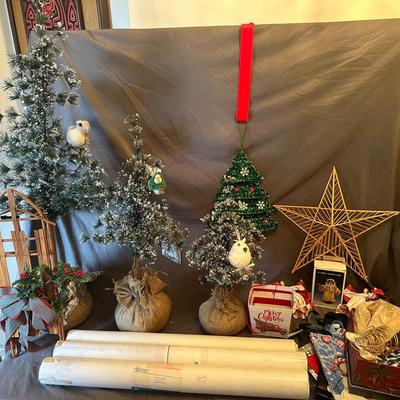 Christmas Decor: 3 Tabletop Trees, Sled, Star, & Assorted Items
