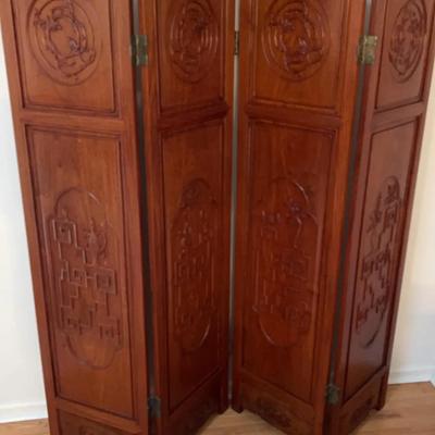 Large Four Panel Ornate Wooden Screen