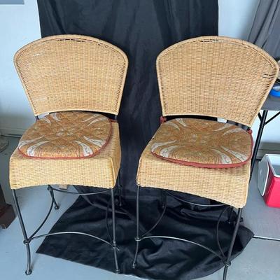 Pair of Vintage Wicker/Rattan Bar Stools with Iron Base and Paisley Cushions (Set of 2)