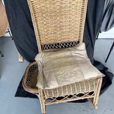 Vintage High-Back Wicker Rattan Rocking Chair - Natural Cane Rocker Boho Coastal
