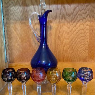 Vintage Cobolt Blue Pitcher & Crystal Glasses