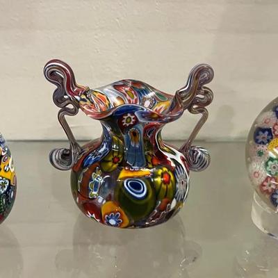 Murano Fratelli Toso Millefiori Glass Vase, Egg + Paperweights 