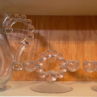 Vintage Hobnail Glass Pitcher & Candle Stick Holders