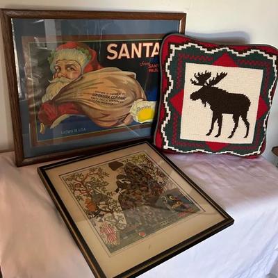 Santa Sunkist Print, Lithograph Print & Needlepoint Moose Pillow