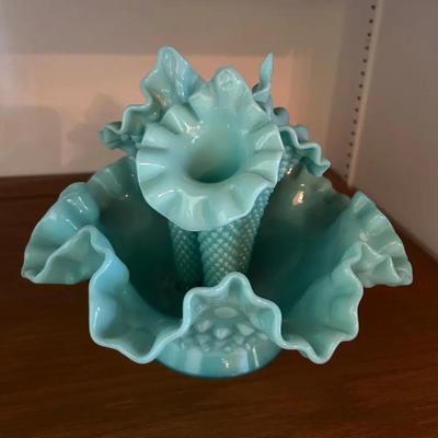 Fenton Hobnail Turquoise Glass Epergne