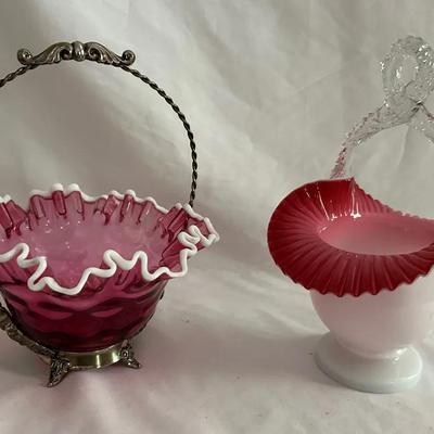 Fenton Cranberry Ruffled Bride’s Basket & Pink Milk Glass