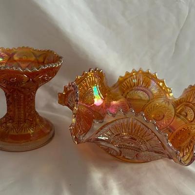 Imperial Twins Marigold Carnival Glass Punch Bowl & Stand