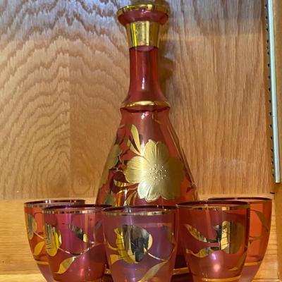 Vintage Red Decanter Set With Gold Details