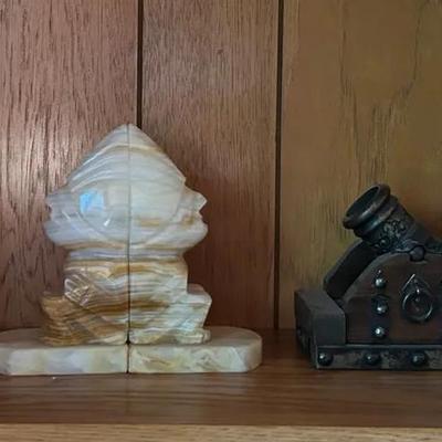 Agate Geode, Carved Onyx & Cannon Bookends 