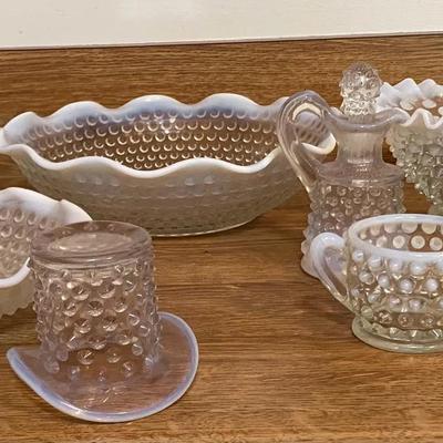Vintage Moonstone Glass Collection With Hobnail Pattern