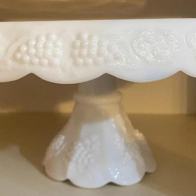 Vintage Milk Glass Cake Stand With Grape Vine Pattern 