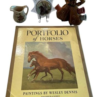 Horse Paintings, Wallace China Westward Ho Rodeo Pattern Creamer, Star Paperweight & Decanter