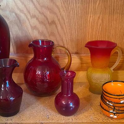 Vintage Red Glass Vases, Crackle Glass Pitcher, & Small Orange Dishes