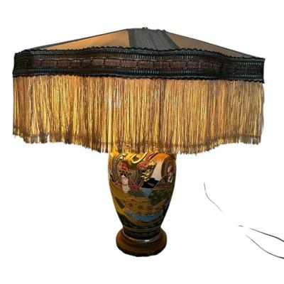 Japanese Satsuma Vase Lamp With Long Fringe Shade