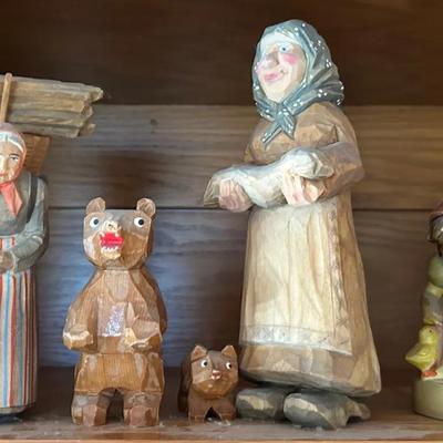 Hummel “Chick Girl” & Hand Carved Wooden Figurines