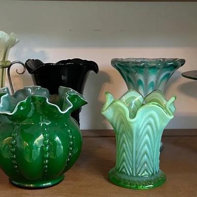 Fenton Melon Bowl, Green Glass Swung Vases & Footed Compote