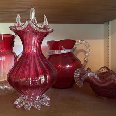 Cranberry Glass Vases, Pitcher & Bowl