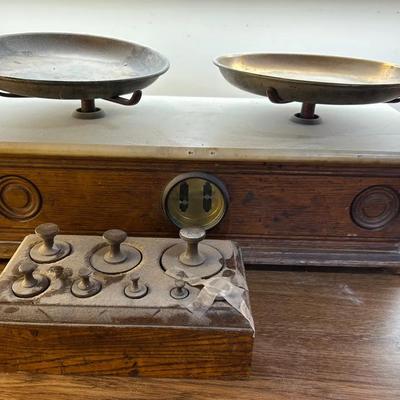 Antique Balance Scale With Brass Weights Set