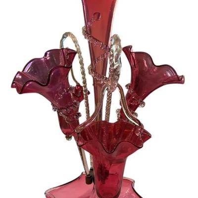 Antique Victorian Cranberry Glass Epergne