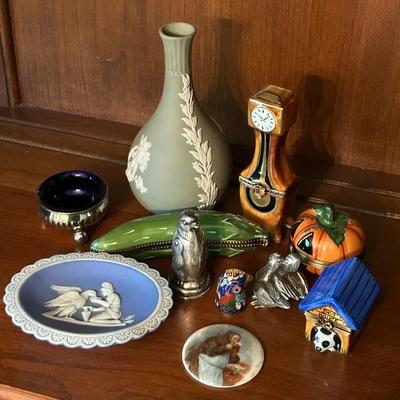 Wedgwood Jasperware Sage Green Vase, Limoges Trinkets & Pewter Figurines