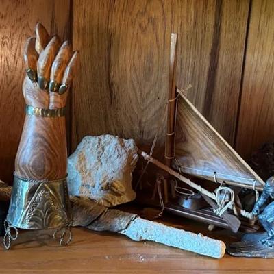 Brazil Wood Figa Fist, Fishing Raft Model, Metal Fish & More