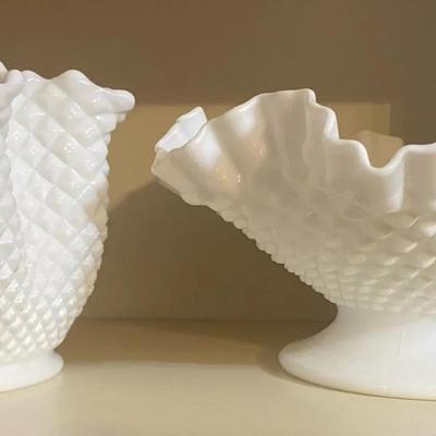 Vintage Milk Glass Serving Bowls With Ruffle Deisgn