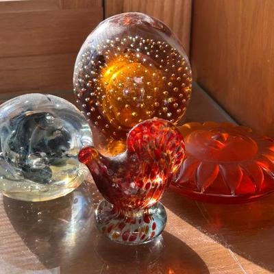 Amber and Clear-Colored Art Glass Paperweights