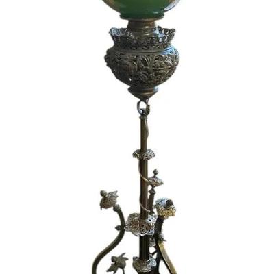 Victorian-Style Champlevé Banquet Lamp With Green Shade