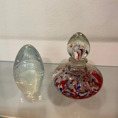 Orient & Flume Irridescent Signed Art Glass Paperweight And Art Glass Bottle With Stopper