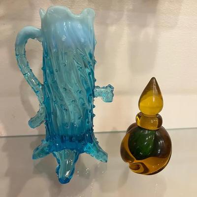Antique Northwood Town Pump Opalescent Art Glass + Italy Bottle