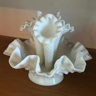 Fenton Hobnail Milk Glass Epergne