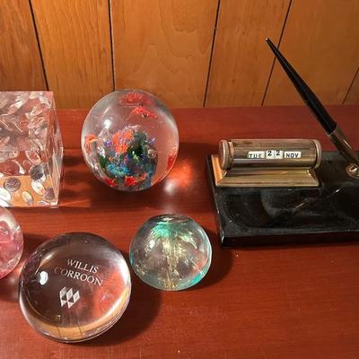 Glass Paperweights With Vintage Perpetual Calendar Desk Set & Pen
