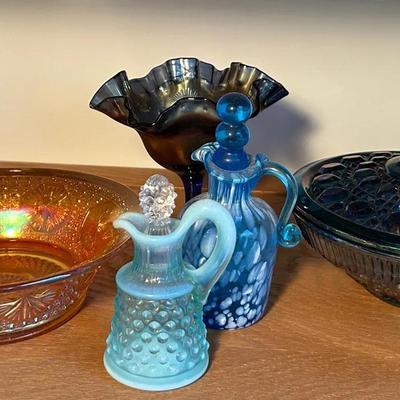 Carnival Glass Dishes With Blue Cruets