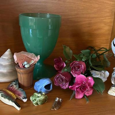 Decorative Collectibles Including Jadeite Green Goblet Vase, Porcelain Flowers & More