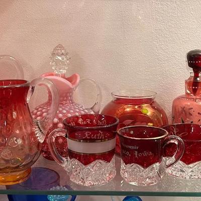 Vintage Fenton Cranberry Hobnail Pitcher & Cruet + More
