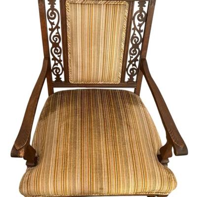 Antique Carved Frame Chair With Striped Upholstery 