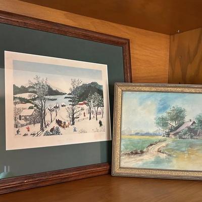 Grandma Moses Framed Winter Print & Rural Watercolor Landscape Painting