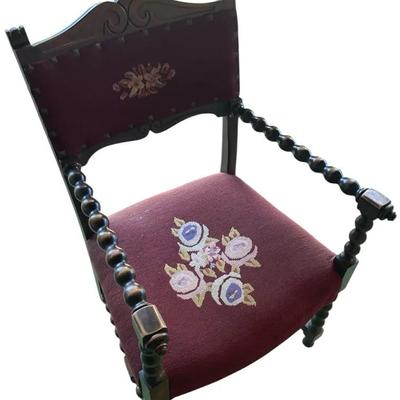 Vintage Barley Twist Arm Chair With Needlepoint Upholstery 