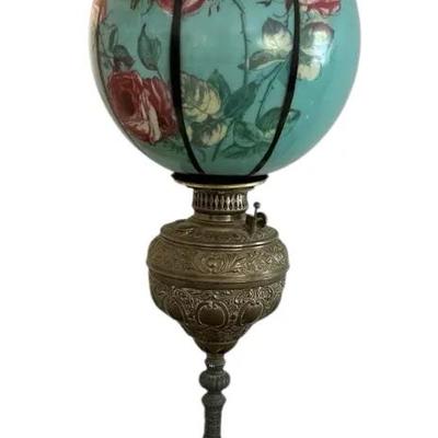 Banquet Oil Lamp With Hand-Painted Floral Globe (Needs Repair)