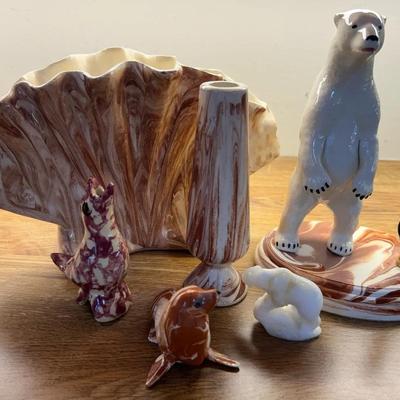 Marbled Animal Figurines Made In Alaska & Swirled Pottery