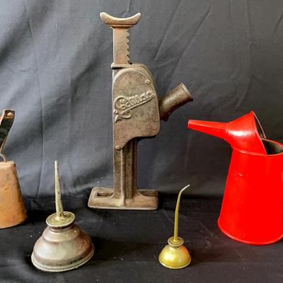 Vintage Car Jack, Oil Can, Thumb Pump And More
