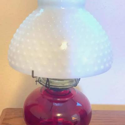 Ruby Red Glass Oil Lamp w/ Hobnail Shade