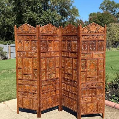 India Carved & Pierced Teak Folding Screen 1900-1925