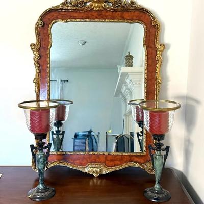 Gilded Wood Mirror And Candle Holders 